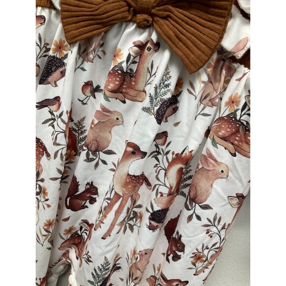 Girl's Ruffle Romper Long Sleeve Deer Print Brown/White 9-12 months - Picture 3 of 5